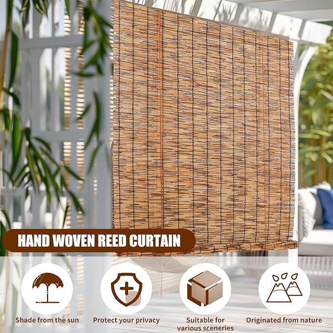 Reed Roller Blinds Shades, Vertical Lifting and Breathable Waterproof Design, Sun Shade and Ventilation, Easy Installation,60" Wx72 H