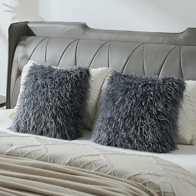 FUTEI Pack of 2 Shaggy Mongolian Faux Wool Throw Pillow Covers 18x18 Inch Soft Decorative Cushion Case for Couch Bed Living Room, Dark Grey