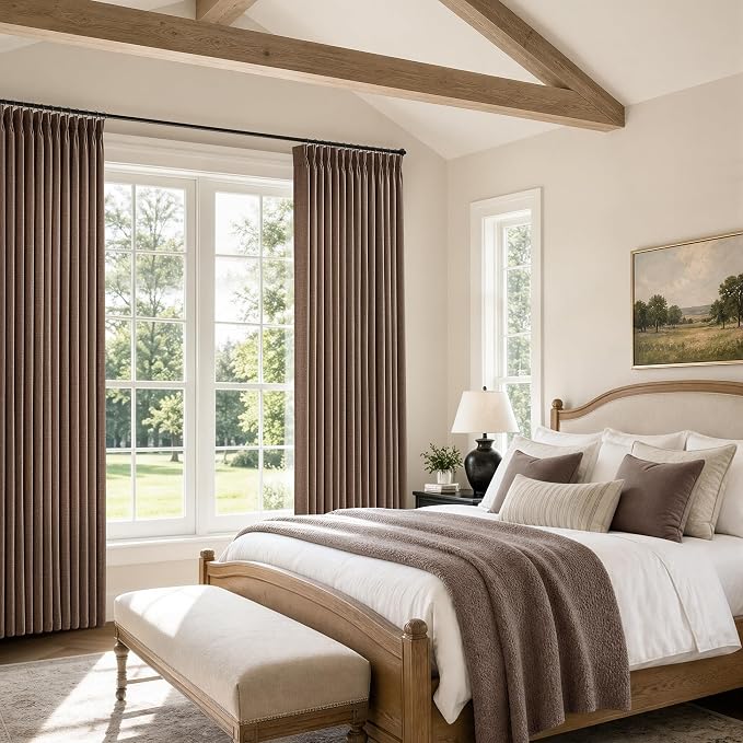 120 Inch Pinch Pleated Curtains Dark Chocolate Light Filter Semi Sheer Memory Trained High Ceiling Drapes with Back Tab Rings Extra Long Tall Pinch Pleat Vintage Brown Curtains 120 Inches Long
