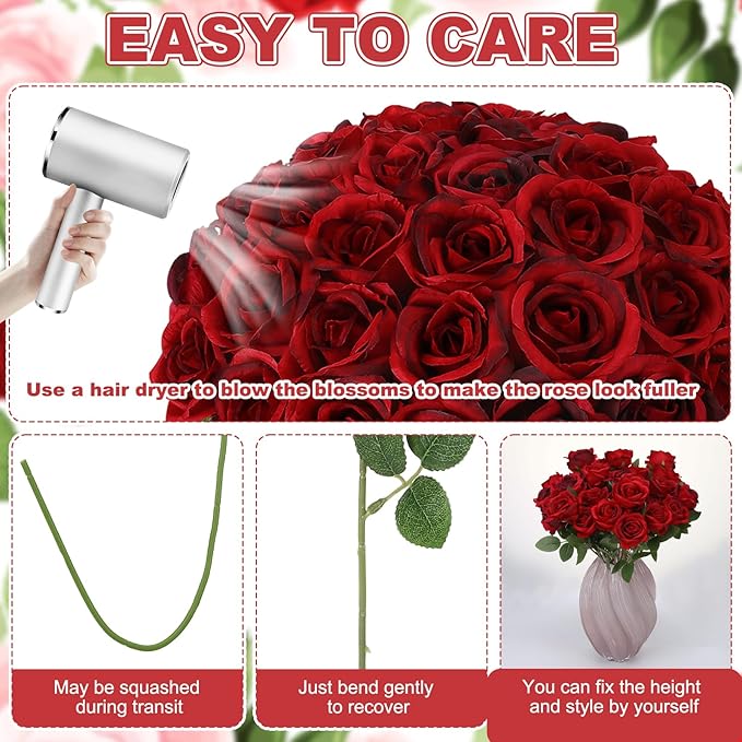 36 Pcs Burgundy Artificial Roses with Long Stems, Fake Silk Rose Artificial Flowers Bulk for Bridal Wedding Bouquet Centerpiece Ball Arrangement Party Decor