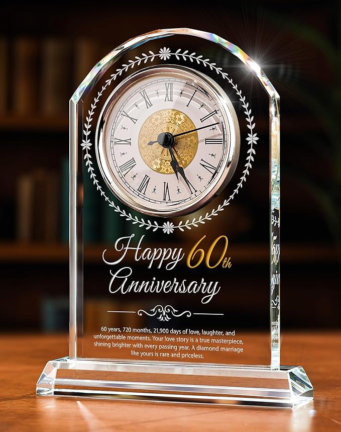60th Wedding Anniversary Crystal Quartz Clock,60 Years of Marriage Gift,Happy Diamond Anniversary Decoration Gift,for Parents,Grandparents,Couple