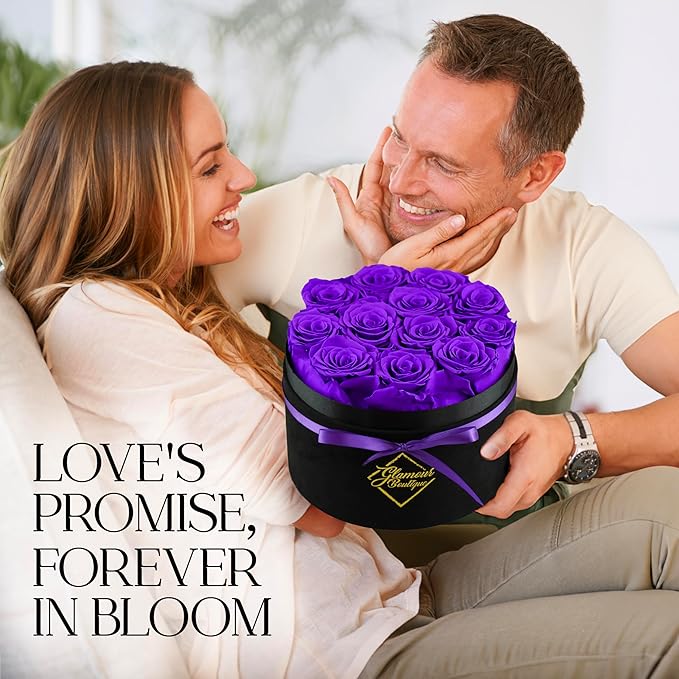 GLAMOUR BOUTIQUE Flowers Forever Gift Box, 12 Real Preserved Roses in Velvet Box, Floral Gift for Her, Mom or Wife for Birthday, Mother’s Day, Anniversary or Graduation, Purple (Color-Treated)