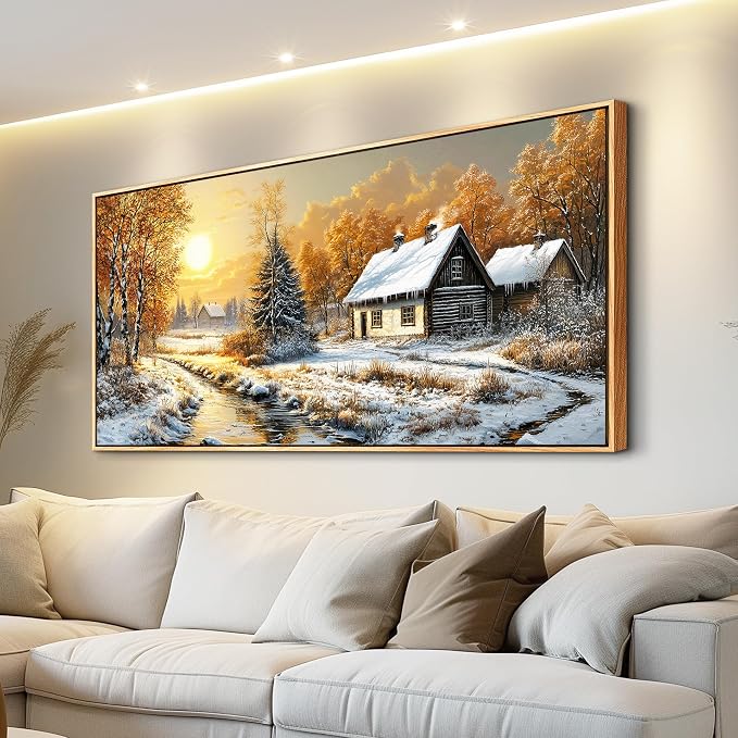 XIGUANGART Snow Landscape Wall Art Framed,Large Canavs Wall Art,Forest Pictures Bedroom,Lake Paintings,Cottage Artwork for Walls,Vintage Rustic Farmhouse Art Prints for Living Room Kitchen,60"x30"
