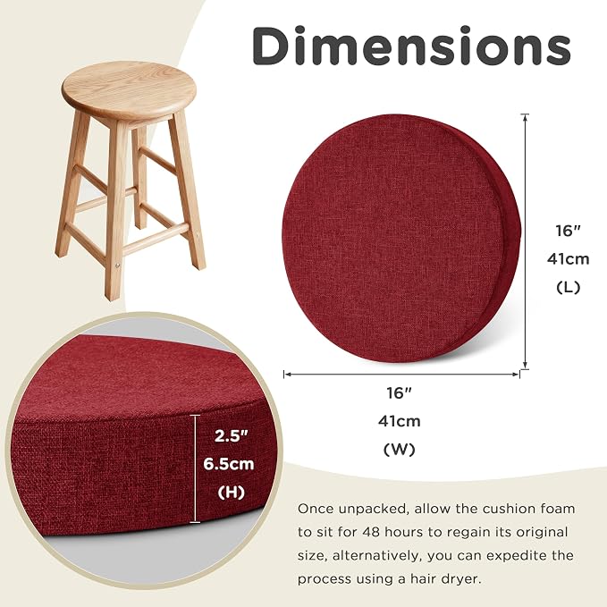 AddGrace 2.5" Thick Non Slip Round Chair Pad Set of 2, 16", Red | Machine-Washable Cover, Non-Slip, for Kitchen, Dining Room, Office, Floor, Bistro Cafe, for 16" Ottoman, 16" Round Stool