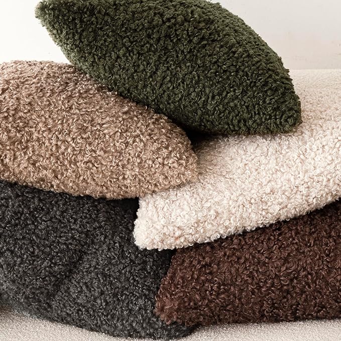 Foindtower Set of 2 Curly Teddy Wool Pillow Covers Decorative Boucle Textured Lumbar Throw Pillow Faux Fur Sherpa Pillowcases Sheepskin Fuzzy Cushion Case for Sofa Bedroom Car 12"x20" Olive Green