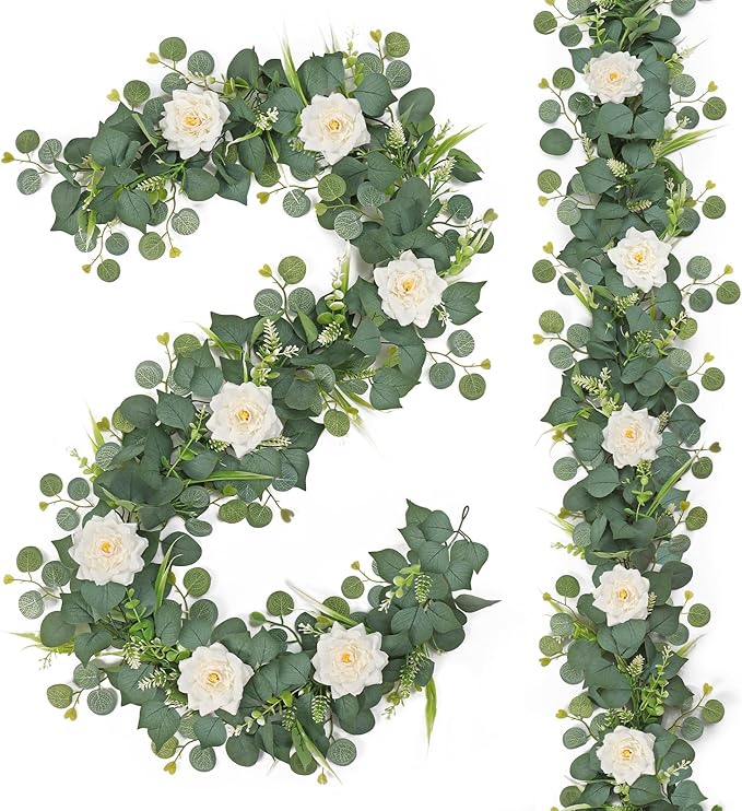 2PCS Flower Garland 6.2FT Artificial Rose Flowers Garland Wall Vines Greenery White Roses Eucalyptus Garlands for Wedding Table Runner Arches Backdrop Party Centerpiece Room Decor
