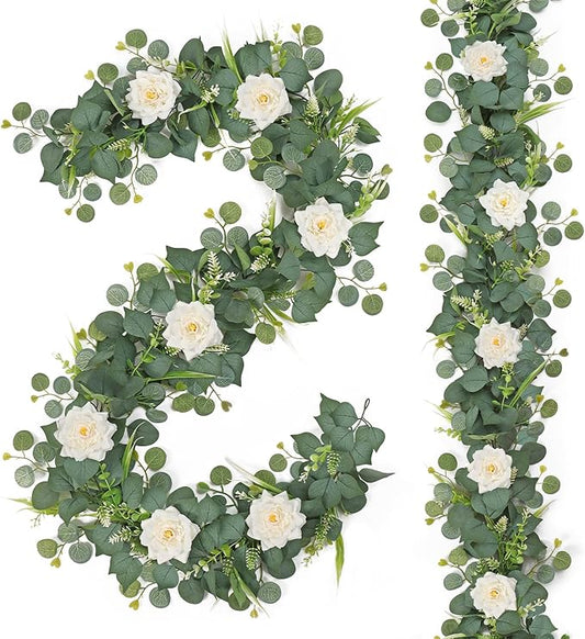 2PCS Flower Garland 6.2FT Artificial Rose Flowers Garland Wall Vines Greenery White Roses Eucalyptus Garlands for Wedding Table Runner Arches Backdrop Party Centerpiece Room Decor