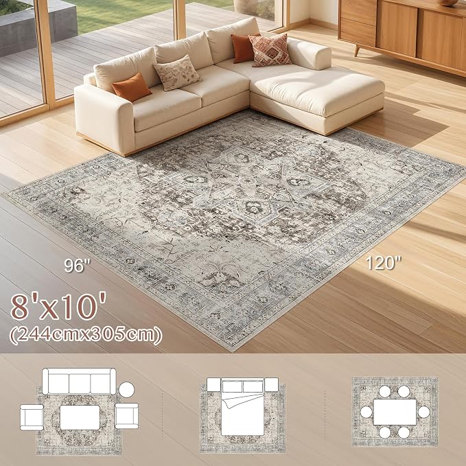Tortania Area Rug Living Room Rugs - 8x10 Washable Boho Rug Vintage Oriental Distressed Farmhouse Large Thin Indoor Carpet for Living Room Bedroom Under Dining Table Home Office - Brown Blue