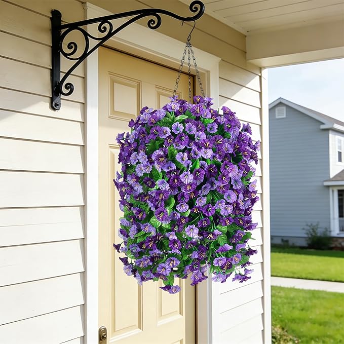 INXUGAO Artificial Flowers with Hanging Basket, Outdoor Faux Plants Silk Morning Glory Vines, Fake Green Arrangement for Garden Patio Spring Summer Decor(4 pcs,Purple)