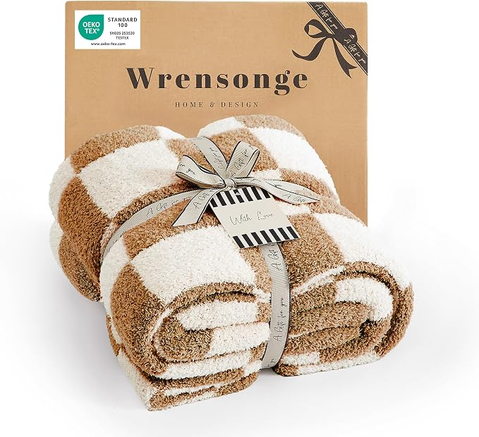 WRENSONGE Soft Checkered Throw Blanket for Couch-Cozy Warm Knitted Blankets | Lightweight Warm Fluffy Decor for Women, Mom, Her & Girls, Sofa, Chair, Bed, 50x60in,Burnt Orange