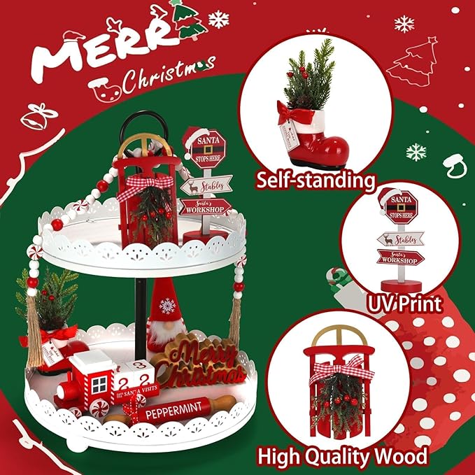 Christmas Decorations 8 PCS Tiered Tray Decor Set, Cute Tabletop Christmas Decor for Home Office Shelf Mantel Coffee Bar Xmas Table Centerpieces Tray Objects Holiday Decoration Set