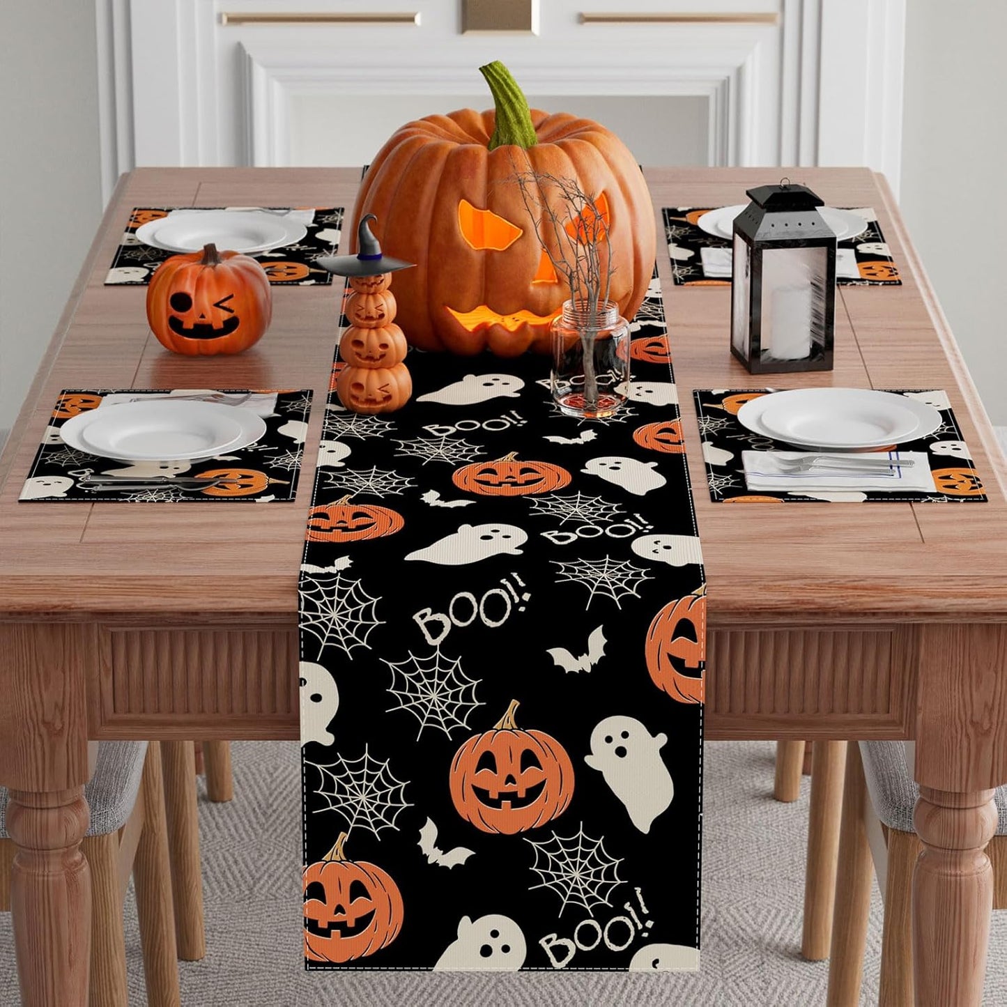 XCHI Boo Spooky Ghost Pumpkin Halloween Table Runner Burlap Table Decoration for Home Kitchen Dining Dinner Indoor Holiday Farmhouse Decor 13x108 Inch