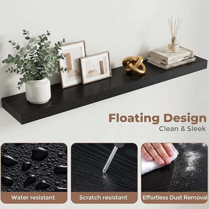 48 Inch Floating Shelves for Wall, 8"D Wood Storage Shelves, Black Finish | Engineered Wood, Invisible Bracket, Large Storage, Easy Install, Hold Up to 77lbs, Living Room, Bathroom, Bedroom, Kitchen