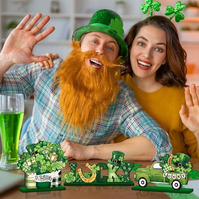 Cinnvoice 6 Pcs Shamrock Table Decorations Wooden Table Centerpieces Rustic Wood Tabletop Sign Decorations for Home Kitchen Office Farmhouse Desk Shelves Party Tiered Tray Decor