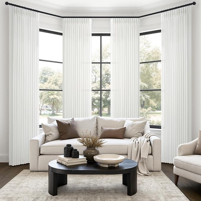Pure White Pinch Pleated Bedroom Curtains 84 Inches Long 4 Panels Set, Memory Trained Pleat Linen Blend Textured Viral Drapes Semi Sheer Light Filtering Privacy Curtain for Living Room Window Burg
