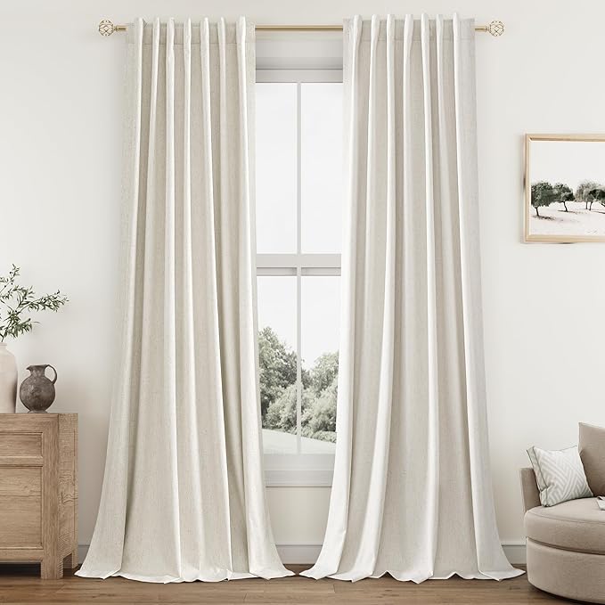 Guken Cream 100% Blackout Linen Curtains 92 Inch Length 2 Panels Set for Living Room Bedroom Back Tab Rod Pocket Thermal Insulated Black Out Drapes Room Darkening Farmhouse Window Curtains