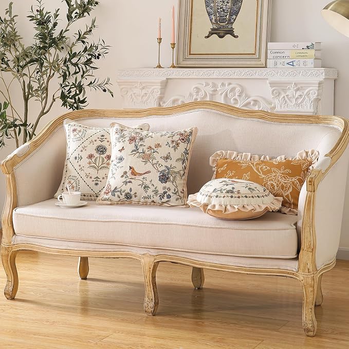 ISAENNE Designer Linen Throw Pillow Cover,Set of 2,18"x18"-Cornucopia A | Elegant French Square Pillow Cover,Concealed Zipper,Floral and Bird Pattern,Sofas,Bedroom,Living Room,Lounge Chairs