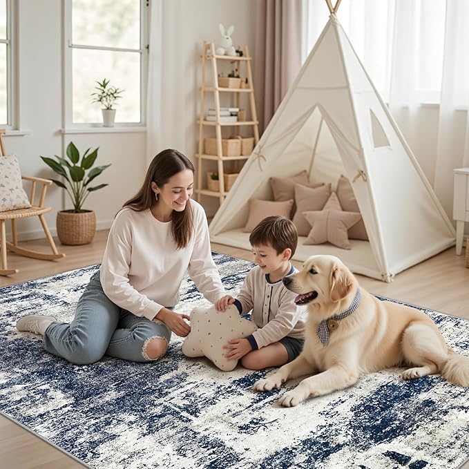 8x10 Area Rug for Living Room Bedroom: Abstract Washable Rug with Anti-Slip Backing Non-Shedding Stain-Resistant Soft Large Carpet for Dining Room Nursery Home Office - Gray/Blue