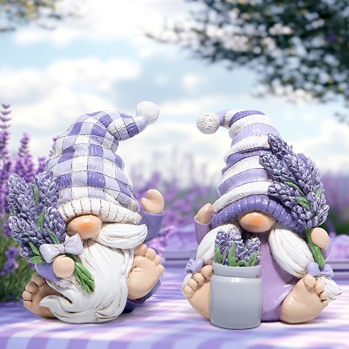 Hodao Set of 2 Lavender Gnome Figurines - Indoor Resin Decor for Home Shelf, Tiered Tray | Spring & All-Season Decoration