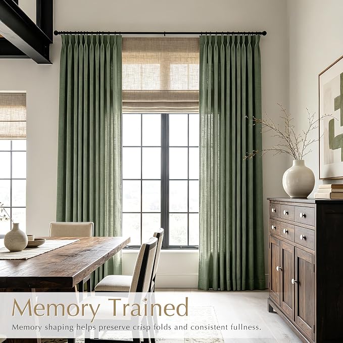 90 inches Long Triple Pinch Pleat Linen Curtains Olive Green Memory Shape Light Filtering Moss Green Pleated Drapes Track System Textured Drapery Panel Modern Minimalist Farmhouse Living Room Decor
