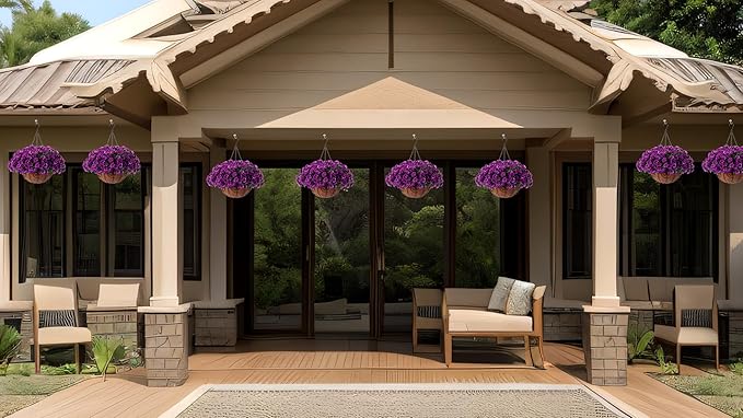 Artificial Hanging Flower Plants with Basket for Spring Summer Outdoor Decoration, Faux Petunias Flowers Fake Morning Glory Planter for Outside Patio Garden Porch Balcony Yard Spring Decor(Lotus)