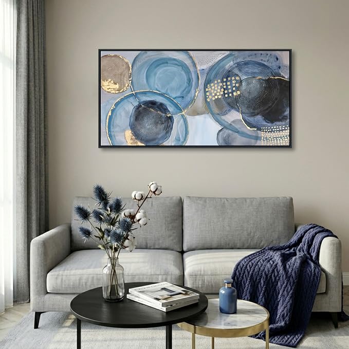 YDYSUNE Blue Abstract Geometric Circle Canvas Wall Art - 20x40 Inch Framed Modern Minimalist Painting Print, Easy to Hang Decor for Living Room, Bedroom & Office