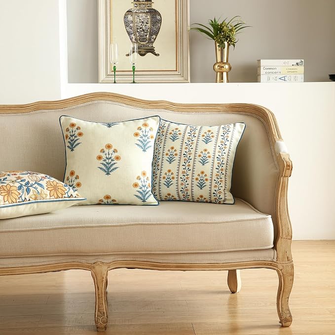 ISAENNE Linen Square Throw Pillow Cover,Set of 2,18"x18"-Estevan A | Designer French Elegant Pillow Cover,Concealed Zipper Design,Sofa,Bedroom,Living Room,Lounge Chairs,All Season Home Decor