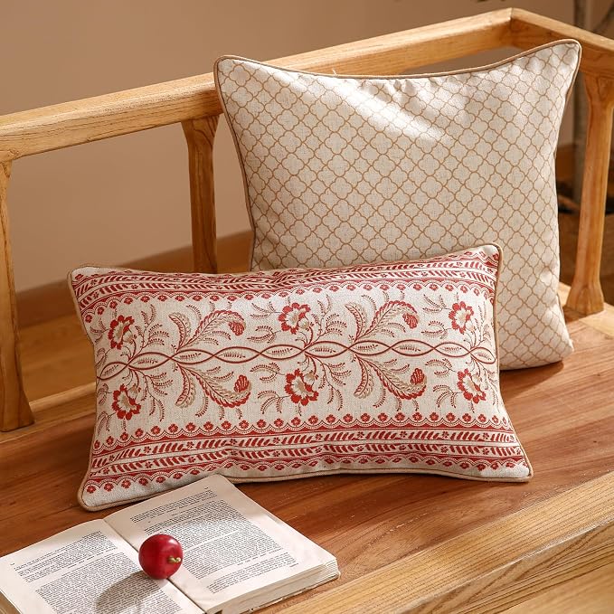 ISAENNE Designer Linen Throw Pillow Cover,Set of 2,20"x12"-Chamonix A | Vintage Elegant Rectangle Pillow Cover,Concealed Zipper Design,Floral Pattern,Sofas,Bedroom,Living Room,Lounge Chairs
