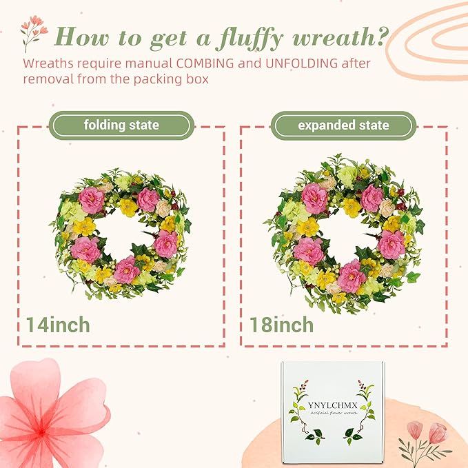 YNYLCHMX 18" Spring Summer Wreaths for Front Door, Artificial Floral Wreath with Peony and Eucalyptus Leaves, Green Foliage Wreath for Wall Window Farmhouse Party Holiday Home Decor