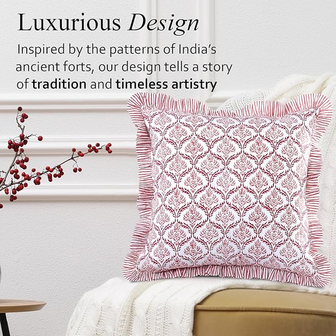 CPC Blush Rose Hand Block Print 100% Cotton Ruffle Throw Pillow Cover 20x20 inch with Hidden Zipper Decorative for Couch, Bed, Sofa, Farmhouse, Cottagecore Decor Gift Christmas Fall Thanksgiving