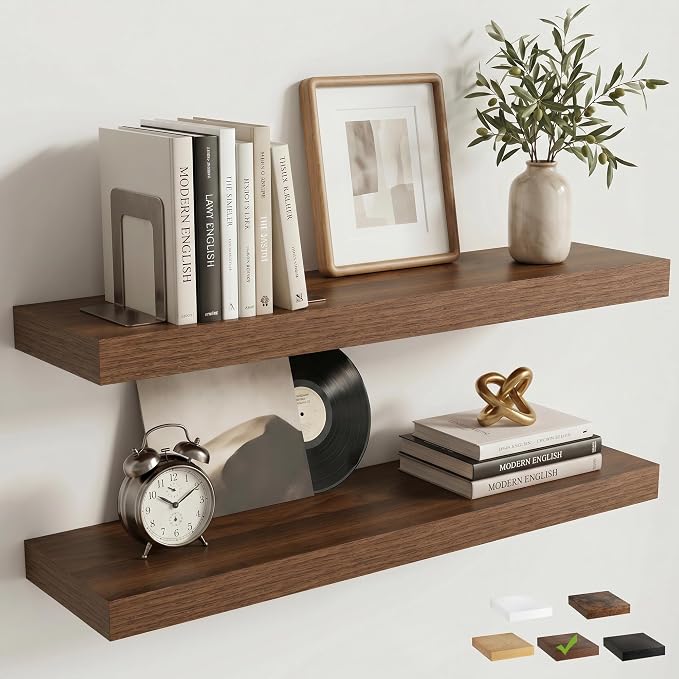 Venusmiles Floating Shelves for Wall, 24 Inch Floating Shelves Set of 2, 6.5" D Wooden Wall Mounted Display Shelves with Invisible Brackets for Living Room, Bedroom, Bathroom, Kitchen Decor, Walnut