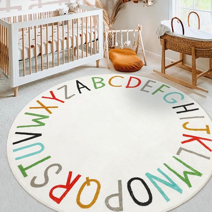 Topotdor Rainbow Round Kids Play Rug Alphabet Nursery Area Rug Extra Large Soft Crawling Play Mat for Children Toddlers Bedroom (71 inch, Multi Color)