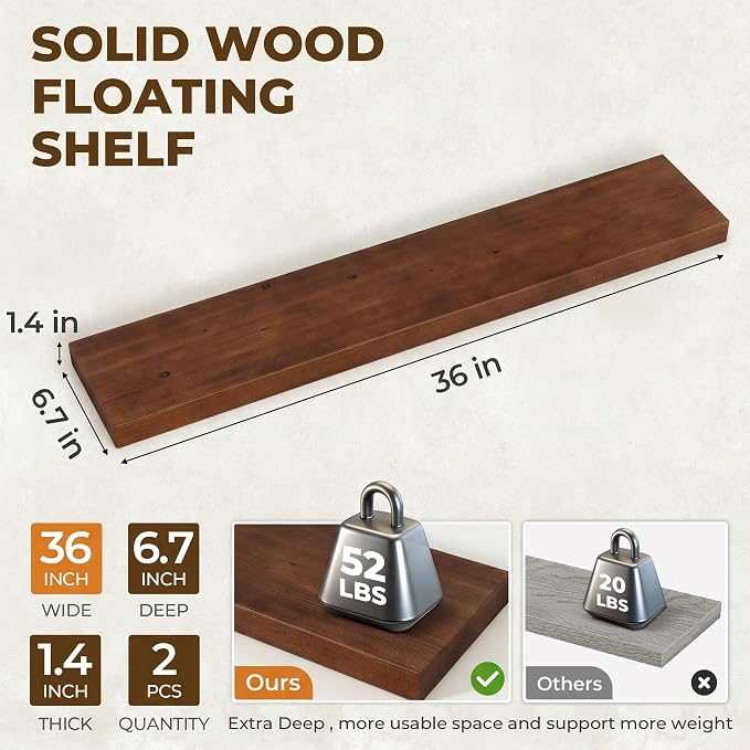 36 inch Floating Shelves for Wall, High End Solid Real Wood Floating Shelf with Heavy Duty Invisible Bracket 36in Long Wooden Wall Shelves for Living Room, Bedroom, Kitchen, Bathroom, Set of 2, Walnut