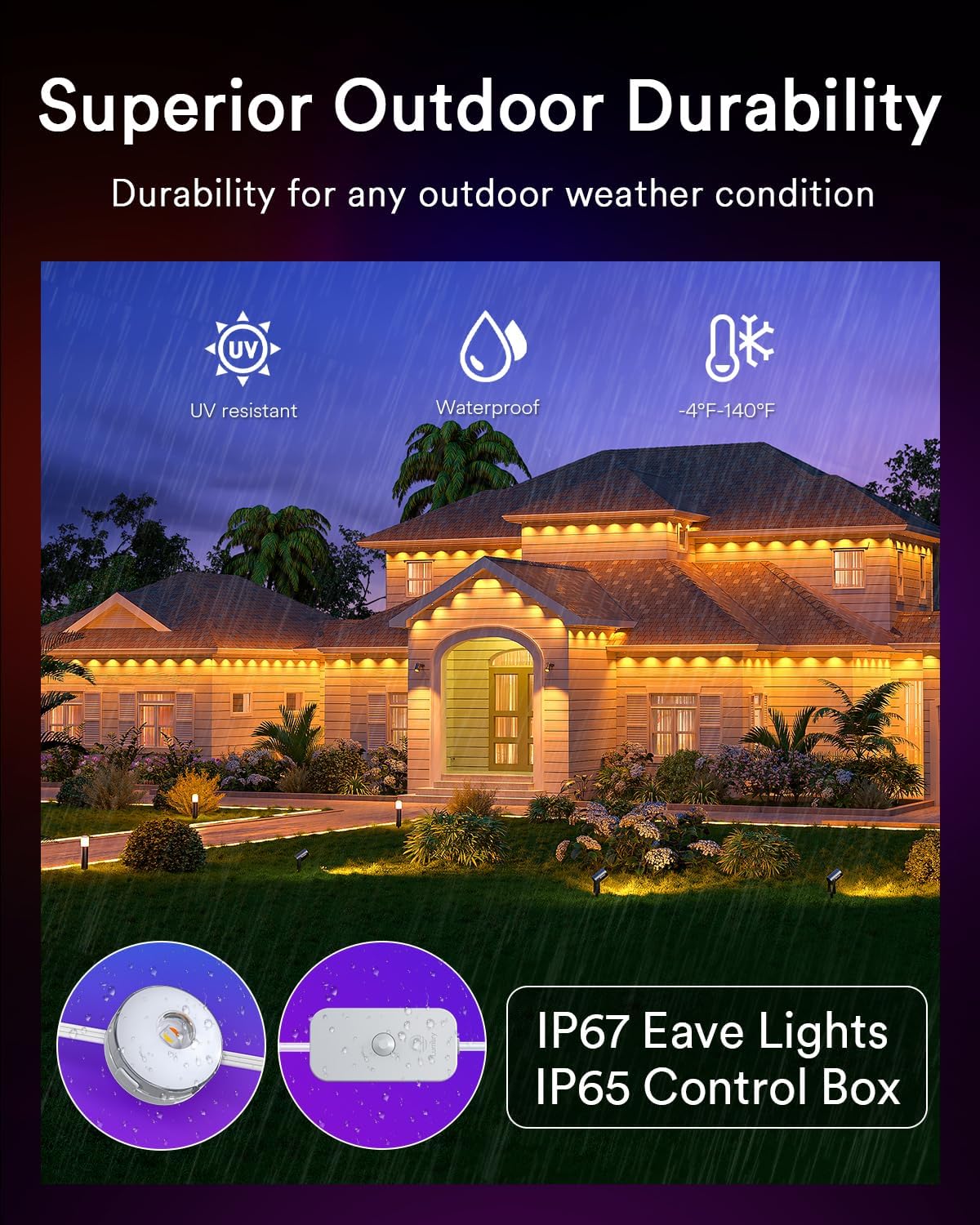 Lumary Permanent Outdoor Lights Max 158ft with 120 LED Eave Lights RGBAICW 7200lm, IP67 Waterproof, IC Control and Scene Modes for Halloween Christmas Decoration, Works with Alexa and Google Assistant