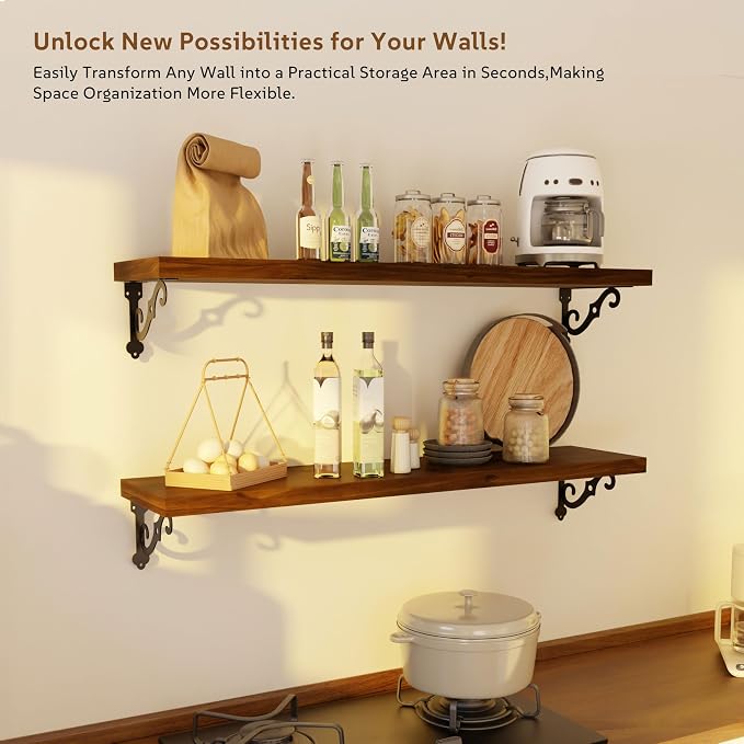 36 Inch 2 Tier Solid Wood Floating Shelves for Wall with Metal Brackets | 36 inch solid pine shelves, 2 tier, walnut finish, metal brackets for books, decor and home storage