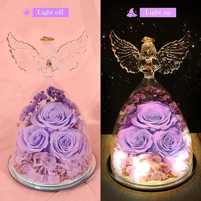 Flowers for Delivery Birthday Gifts for Women Gifts for Mom Grandma Mothers Day Fresh Preserved Flowers Forever Real Roses in Glass Angel Figurines Anniversary Present for Wife Her Friends Daughter