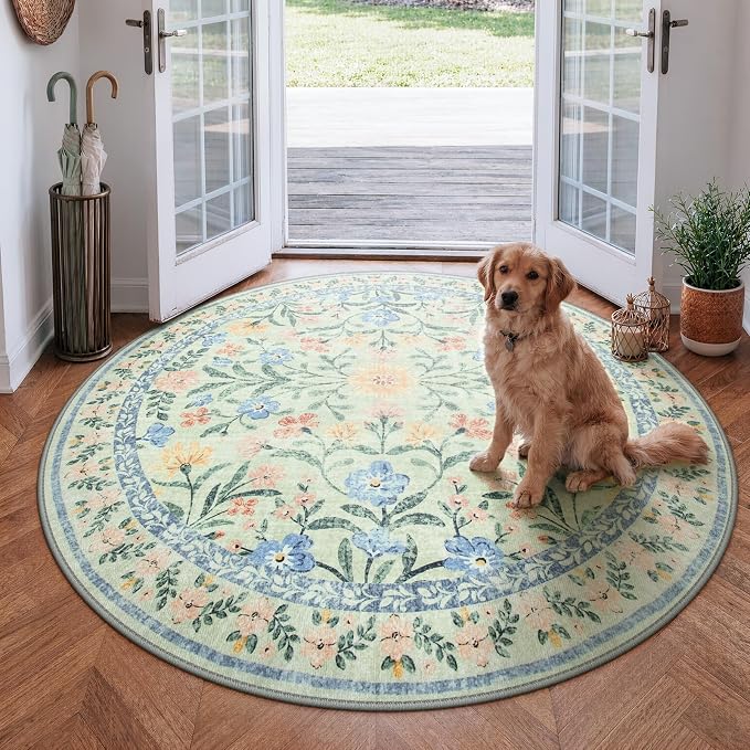 Wonnitar Washable Round Area Rug, 5ft Green Floral Round Rug Boho Soft Circle Carpet, Non Slip Low Pile Circle Accent Carpets for Kitchen Living Room Entryway Bedroom