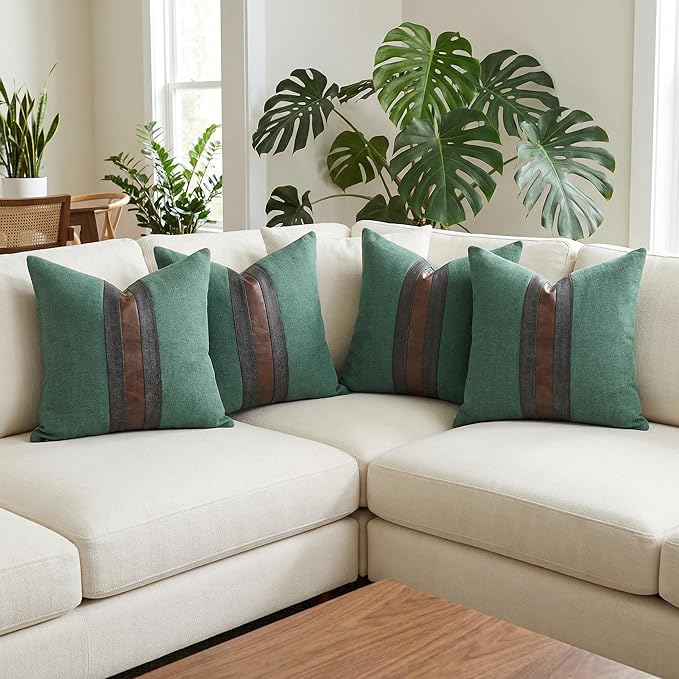 BOYSUM Set of 2 Leather Throw Pillow Covers Cotton Linen Decor Patchwork Pillow Cover Faux Leather Pillows Cover for Couch Sofa Living Room Bedroom,Grass Green 18"x18"