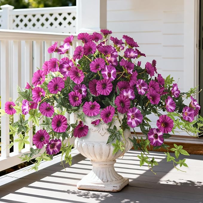 Artificial Fake Flowers Hanging Plants for Outdoor Spring Summer Decoration, 2Pcs Faux Petunias Realistic Silk Flower UV Resistant No Fade for Home Outside Garden Balcony Yard Porch Indoor (Fuchsia)