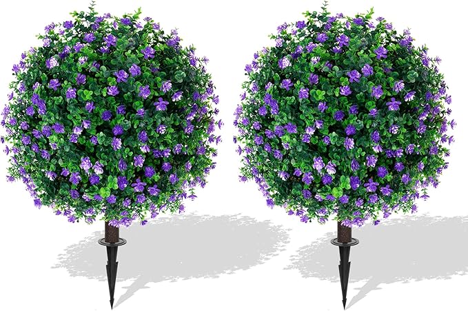 Yangrass Artificial Purple Flower Topiary Ball Trees with Ground Spike, Set of 2 UV Resistant Artificial Shrubs, Fake Evergreen Artificial Plant Bushes for Indoor Outdoor Front Porch Garden
