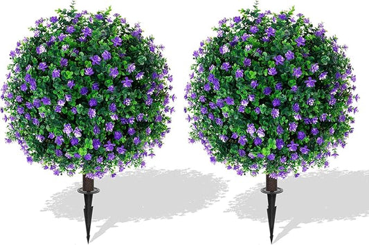 Yangrass Artificial Purple Flower Topiary Ball Trees with Ground Spike, Set of 2 UV Resistant Artificial Shrubs, Fake Evergreen Artificial Plant Bushes for Indoor Outdoor Front Porch Garden