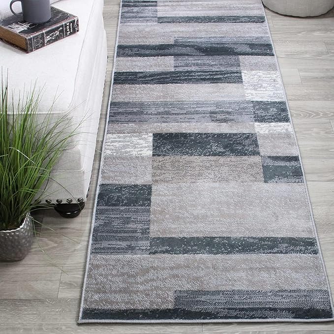 Superior Indoor Runner Rug, Jute Backed, Modern Geometric Patchwork Floor Decor for Bedroom, Office, Living Room, Entryway, Hardwood Floors, Rockwood Collection, 2' 7" x 10', Blue-Taupe