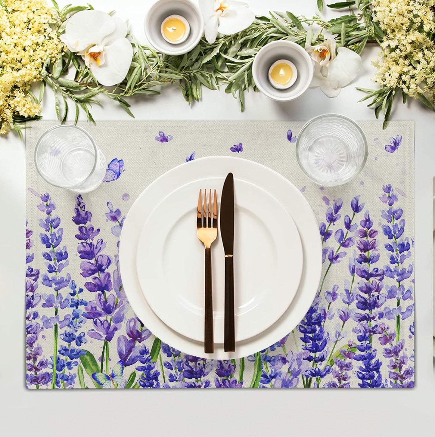 Lavender Placemats Set of 4 Purple Flower Butterfly Linen Fabric Table Mats Seasonal Spring Summer Rustic Floral Placemat Farmhouse Decorative Washable Place Mats for Home Kitchen Dining Table