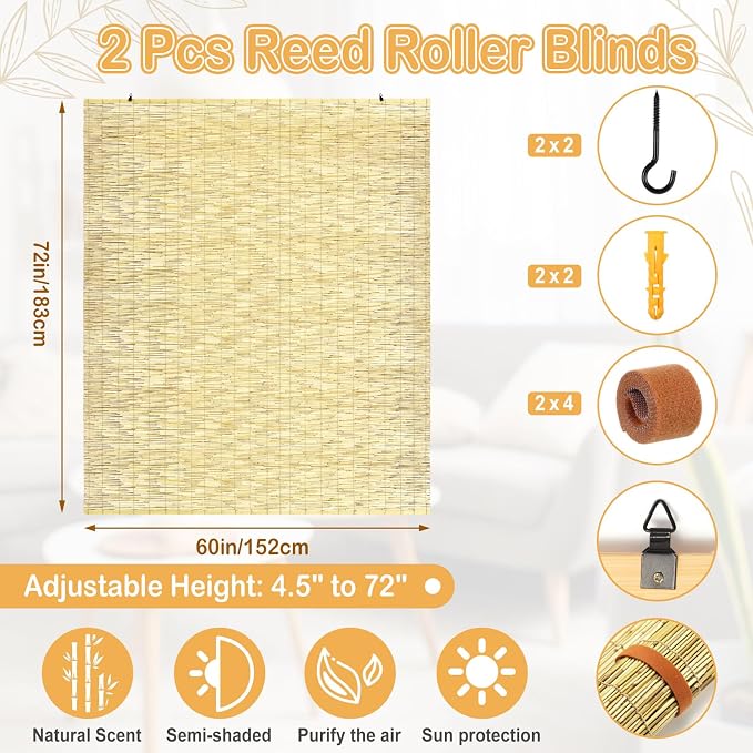 DoubleFill 2 Pcs Bamboo Shades Outdoor Reed Roll up Blinds 60" W x 72" H Blackout Sunshade Cordless Bamboo Blinds for Home Porch, Patio & Windows Decor Shutters Sunlight Privacy Screen(Natural)