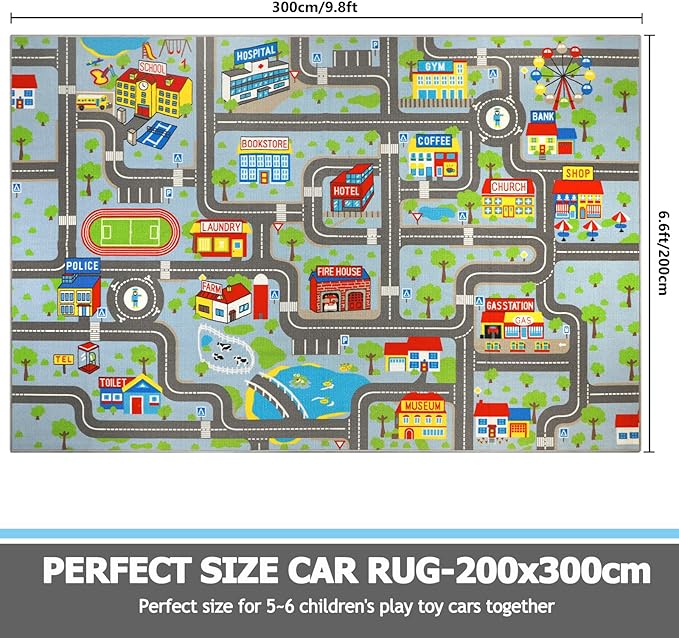 Capslpad Sky Blue Car Road Kid Rug Carpet Playmat for Playoom Traffic Road Kids Play Mat for Toddler Non Slip Washable City Map Race Track Carpet Rug for Kids Room Playroom Classroom Decor,6.6'x9.8'