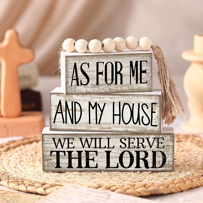 Yuntau 4 Pcs Farmhouse Bible Verse Decor Farmhouse Tiered Tray Decor Rustic Retro Wood Bead Garlands for Me and My House We Will Serve the Lord Block Christian Jesus Sign for Home Shelf Mantel