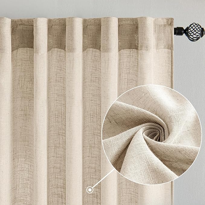 MIULEE Light Taupe Linen Curtains 108 Inches Long 2 Panels for Bedroom Living Room, Soft Linen Textured Window Drapes Semi Sheer Light Filtering Back Tab Rod Pocket Farmhouse Modern Burlap Look Decor