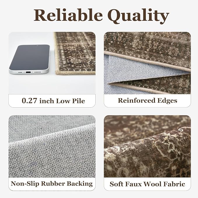 Coffee Brown 5x7 Living Room Rug, Vintage Distressed Washable Non Slip Area Rugs for Bedroom Dining Room, Warm Earth Tone Low Pile Thin Carpet Rugs for Den/Home Office/Kitchen/Foyer