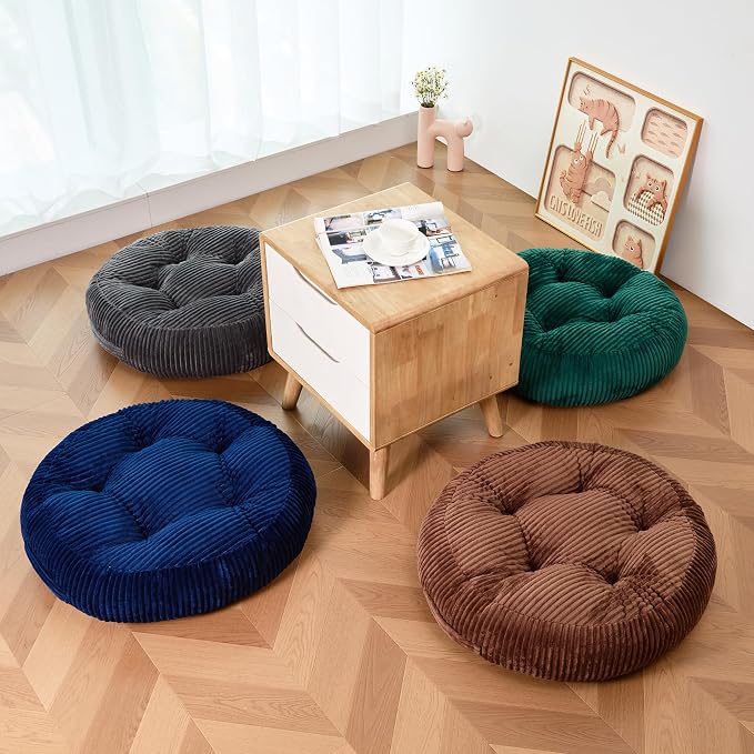 Round Floor Pillow, 6-Inch Thick Meditation Floor Cushion with PP Cotton Filling, Soft Corduroy Boho Floor Seating for Living Room, Bedroom, 22 x 22 Inches (Dark Green, 2 Pack)
