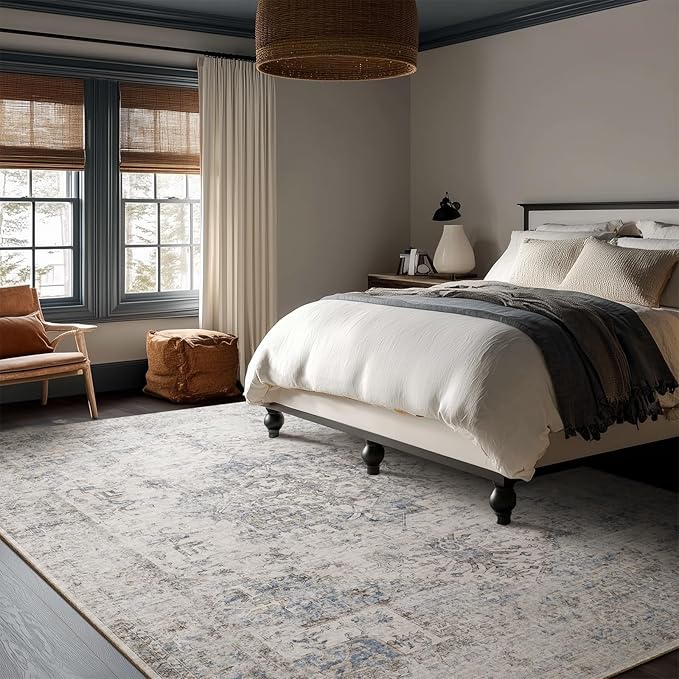 Machine Washable Rugs for Living Room: 8x10 Area Rugs for Bedroom Ultra Soft Non-Slip Low Pile Vintage Distress Boho Large Carpet for High-Traffic Dining Room - Farmhouse Decor